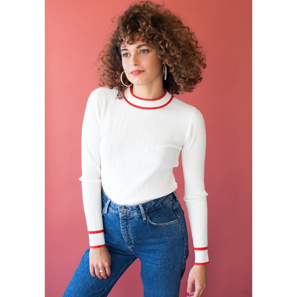 Just Female White & Red Ribbed Mock Neck Ebba Knit Sweater Sz Small